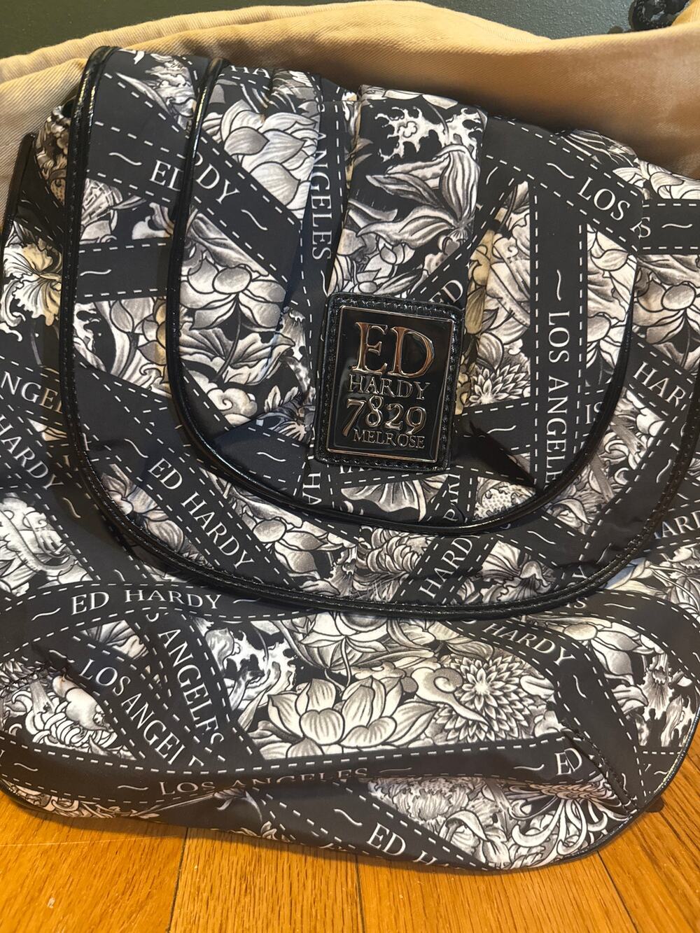 Ed Hardy Christian Audigier Crossbody Bag Black White Tattoo Print Y2K Purse